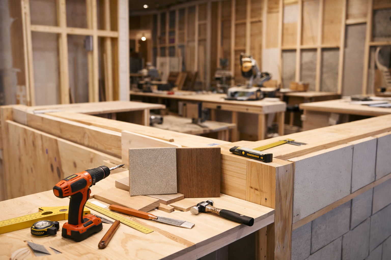 店舗内装の職人品質を象徴する木工と工具のある施工現場イメージ