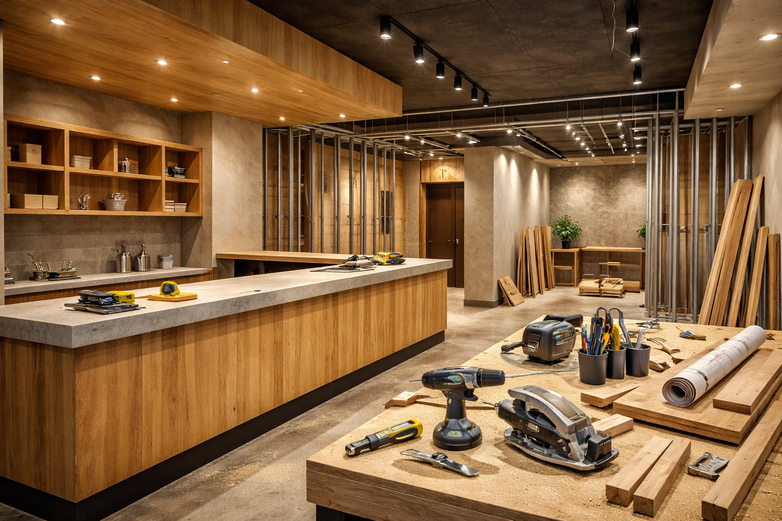 店舗内装を作り上げる職人技をイメージした施工空間
